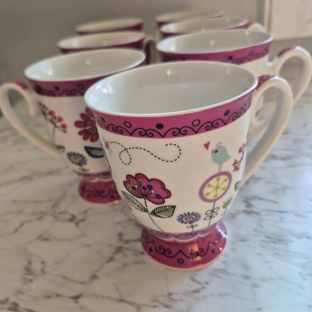 Set Of 7 Flowers, Birds & Bees Coffee Mugs/ Tea Cups